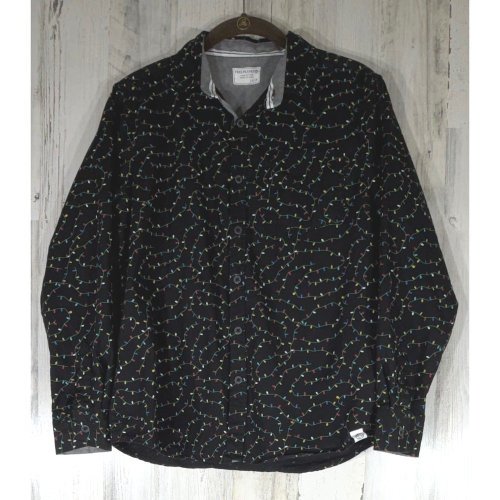 Free Planet Boys Christmas Lights Button‎ Down Shirt Size 14/16 Black Multi